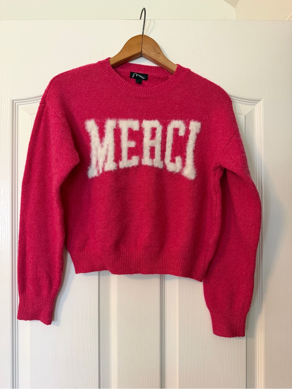 Bright Pink 'MERCI' Crewneck Sweater - Girls’ Cozy Knit